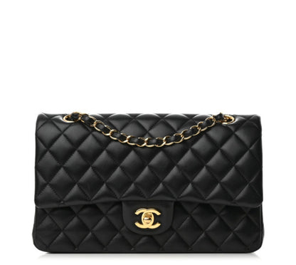 Black Lambskin Quilted Medium Double Flap