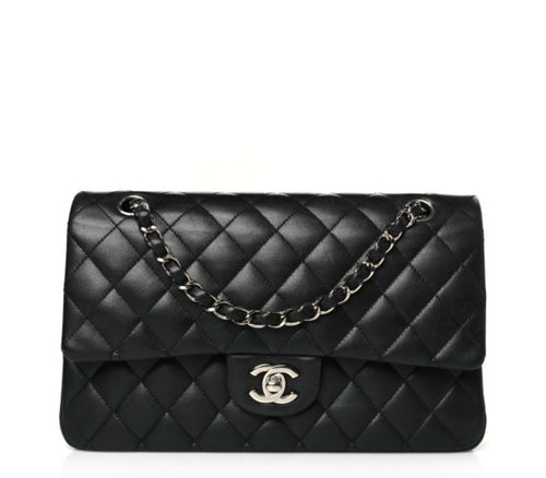 Black Lambskin Quilted Medium Double Flap