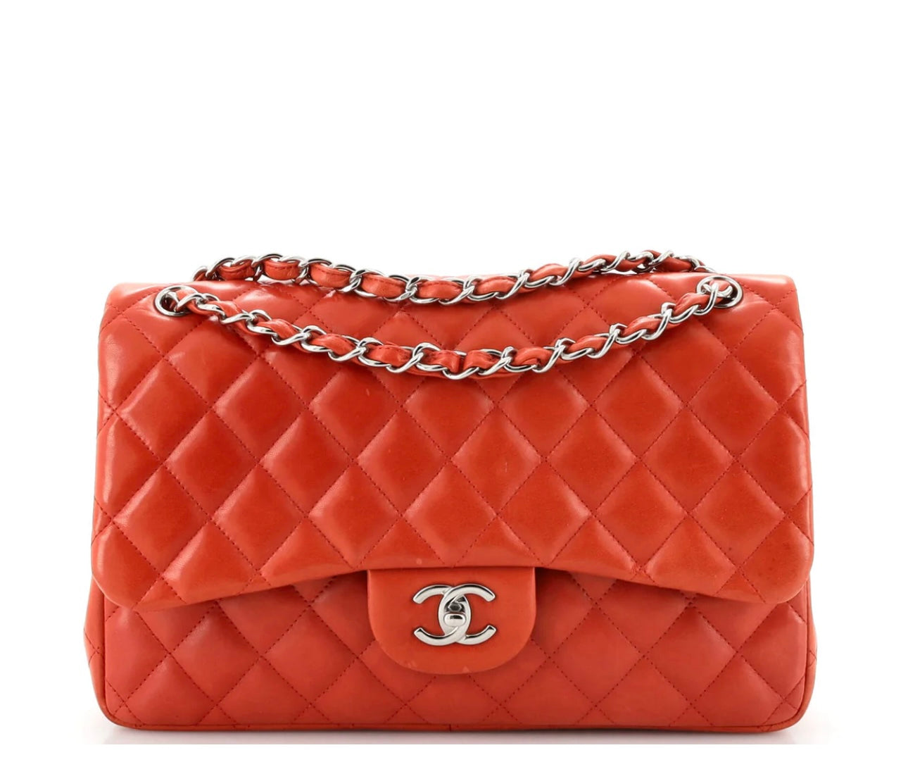 Orange Lambskin Quilted Medium Double